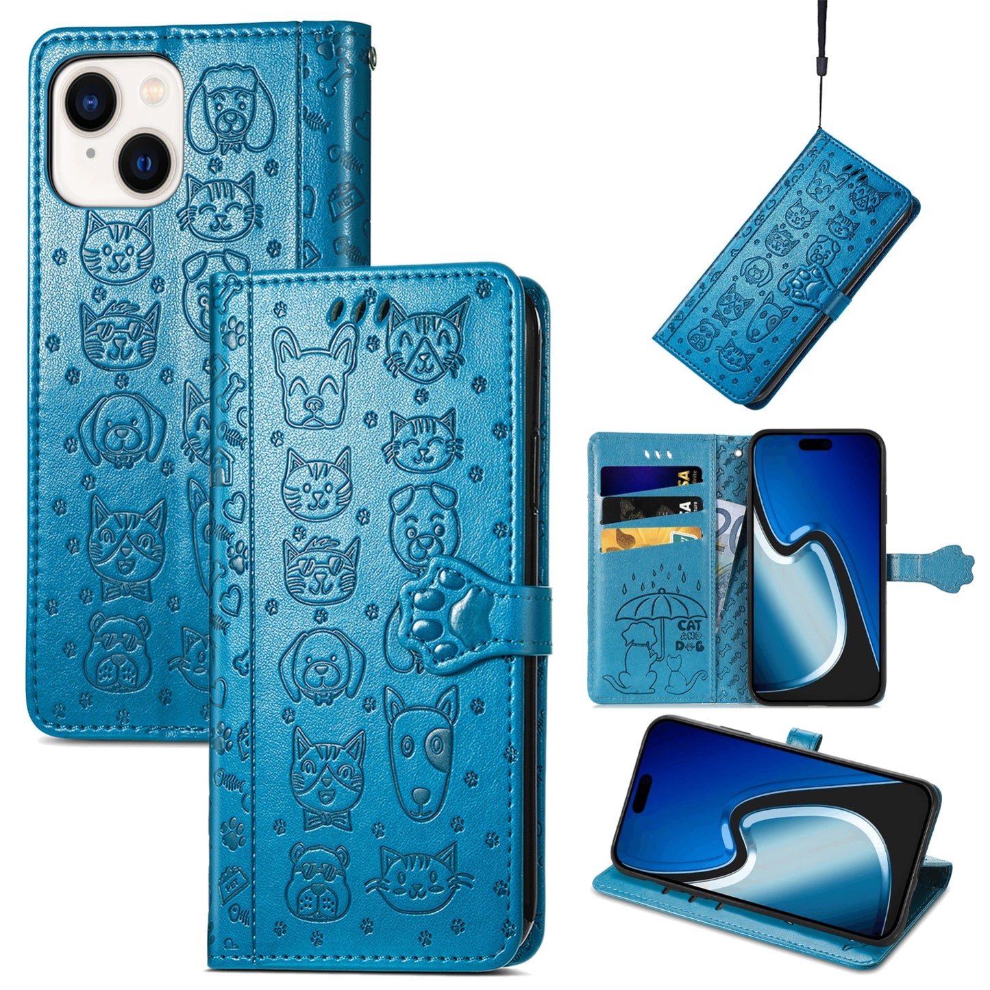 ELECTROPRIME For iPhone 15 Cat and Dog Embossed Leather Phone Case(Blue)