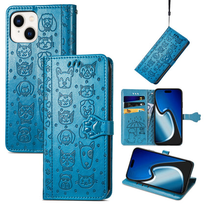 ELECTROPRIME For iPhone 15 Cat and Dog Embossed Leather Phone Case(Blue)