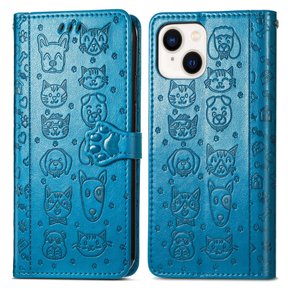 ELECTROPRIME For iPhone 15 Cat and Dog Embossed Leather Phone Case(Blue)