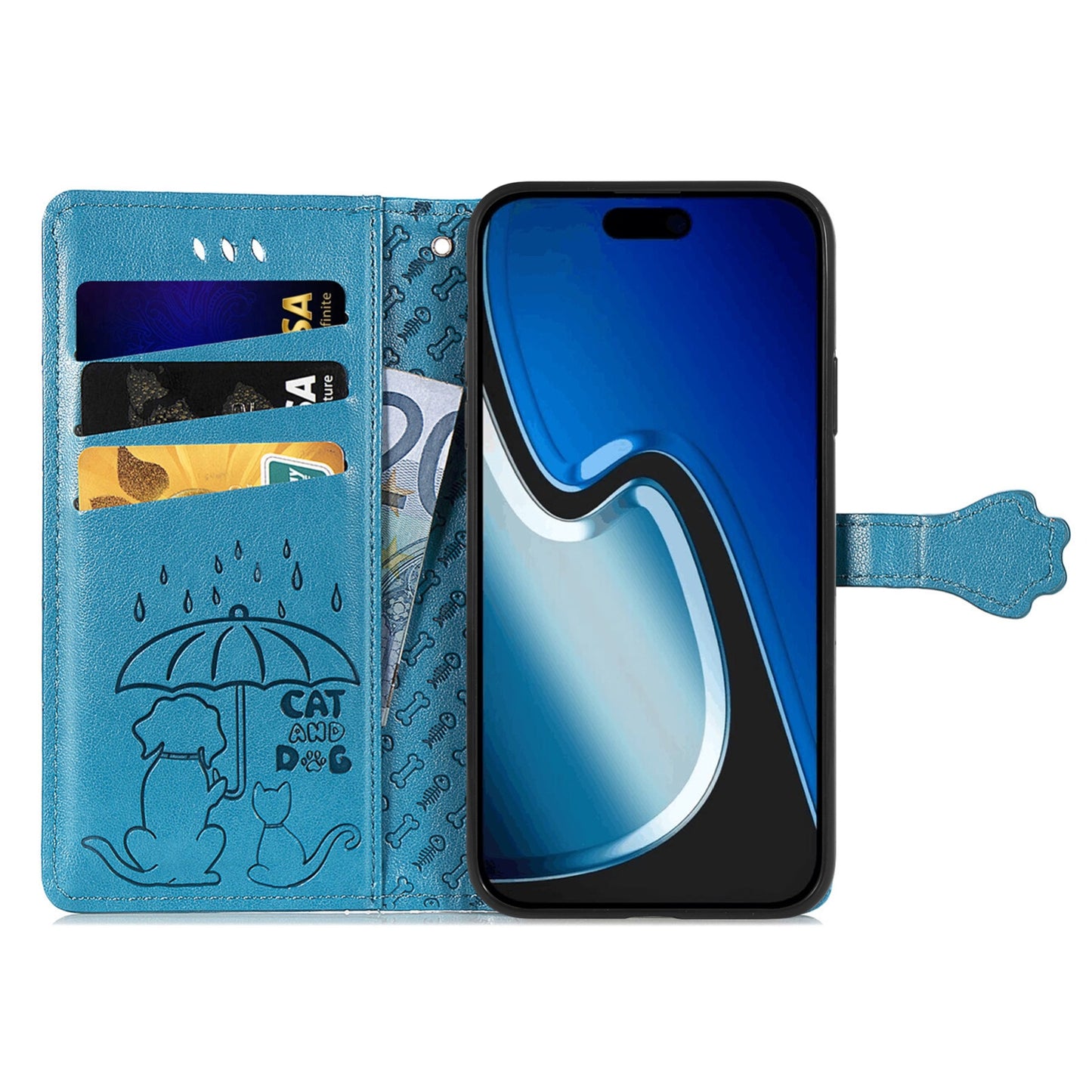 ELECTROPRIME For iPhone 15 Cat and Dog Embossed Leather Phone Case(Blue)
