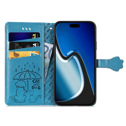 ELECTROPRIME For iPhone 15 Cat and Dog Embossed Leather Phone Case(Blue)