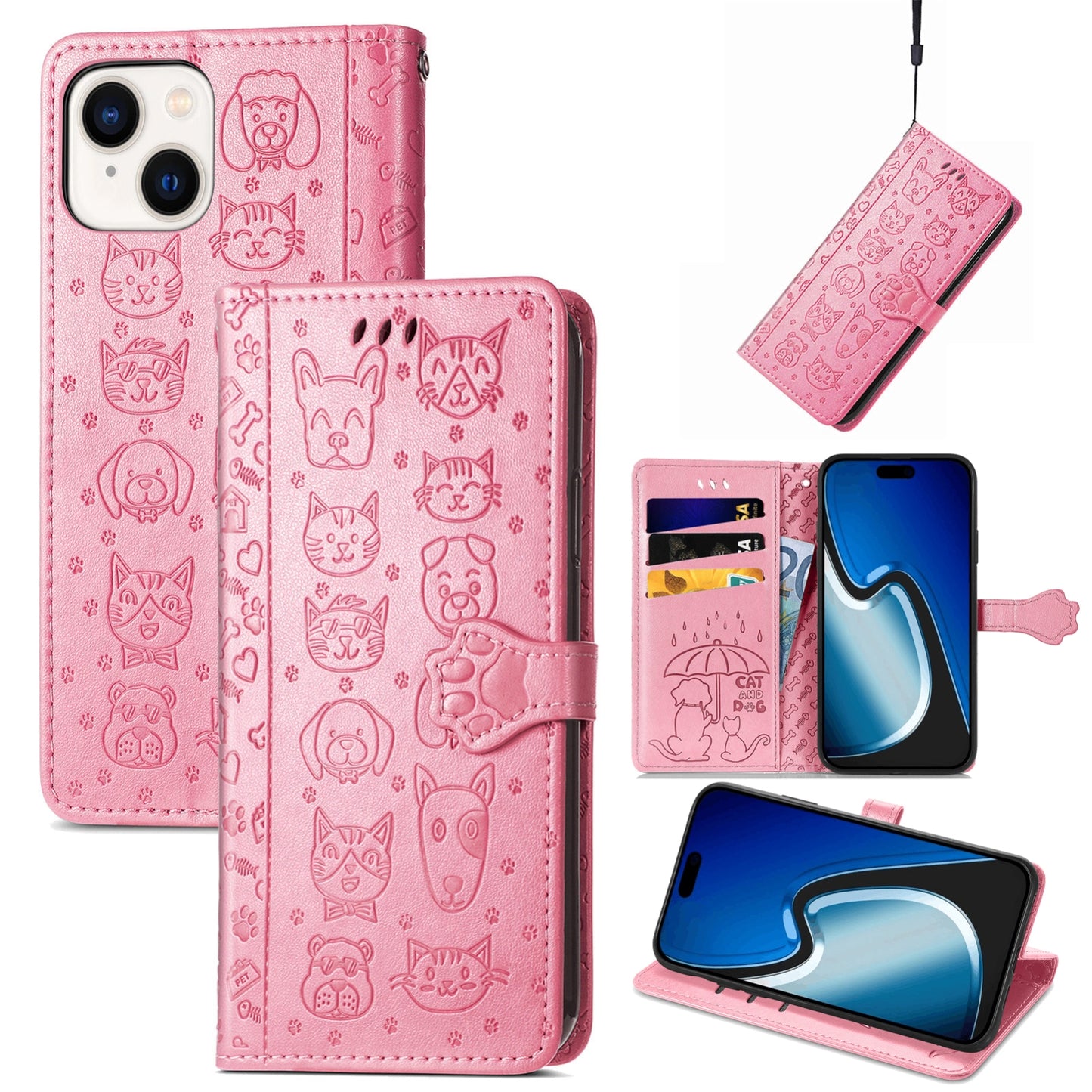 ELECTROPRIME For iPhone 15 Cat and Dog Embossed Leather Phone Case(Pink)