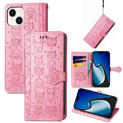 ELECTROPRIME For iPhone 15 Cat and Dog Embossed Leather Phone Case(Pink)