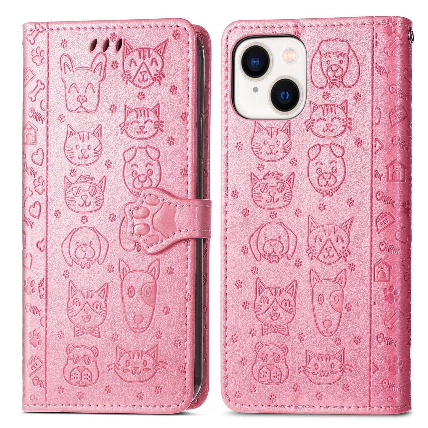 ELECTROPRIME For iPhone 15 Cat and Dog Embossed Leather Phone Case(Pink)