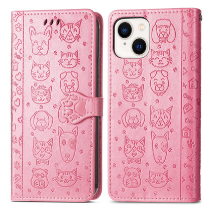 ELECTROPRIME For iPhone 15 Cat and Dog Embossed Leather Phone Case(Pink)