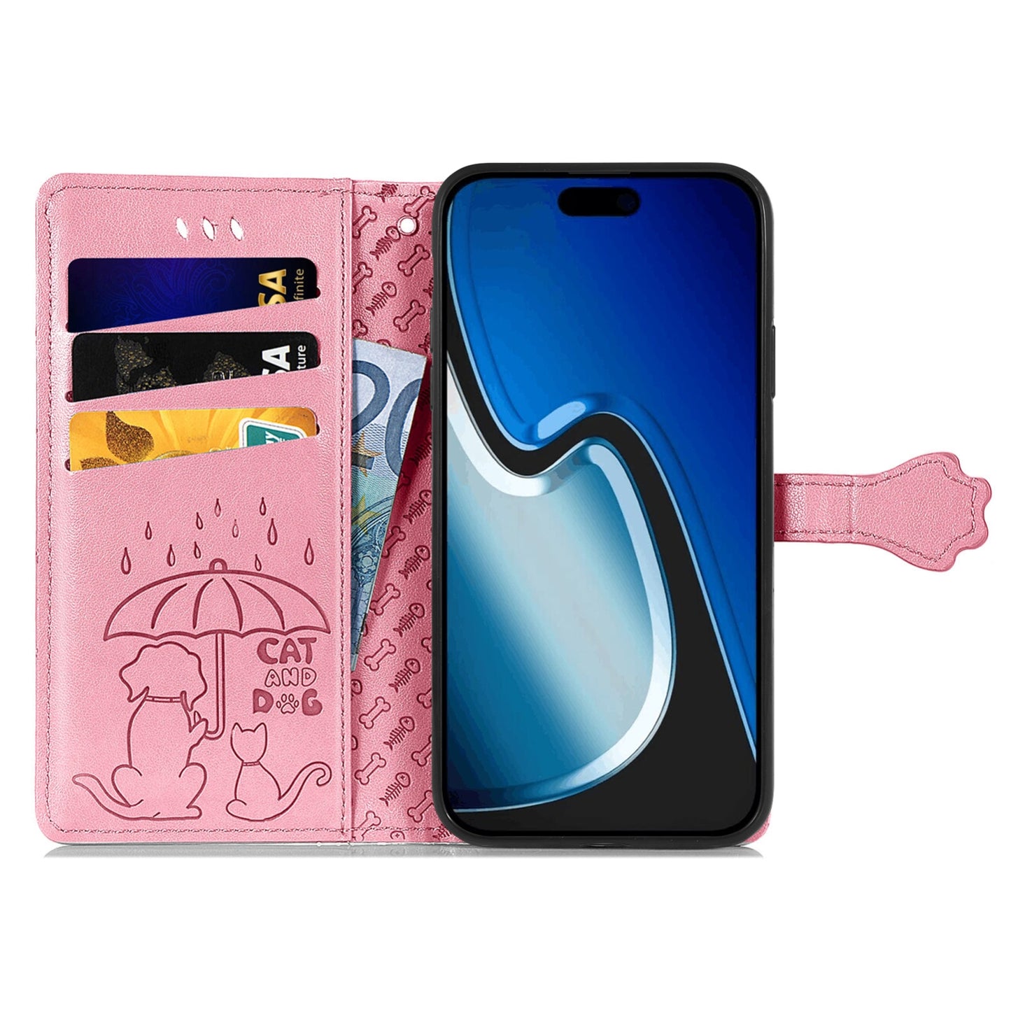 ELECTROPRIME For iPhone 15 Cat and Dog Embossed Leather Phone Case(Pink)