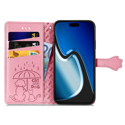 ELECTROPRIME For iPhone 15 Cat and Dog Embossed Leather Phone Case(Pink)
