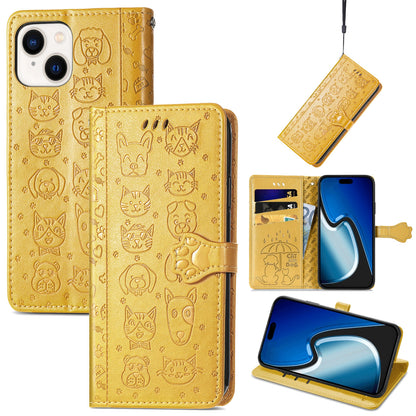ELECTROPRIME For iPhone 15 Cat and Dog Embossed Leather Phone Case(Yellow)