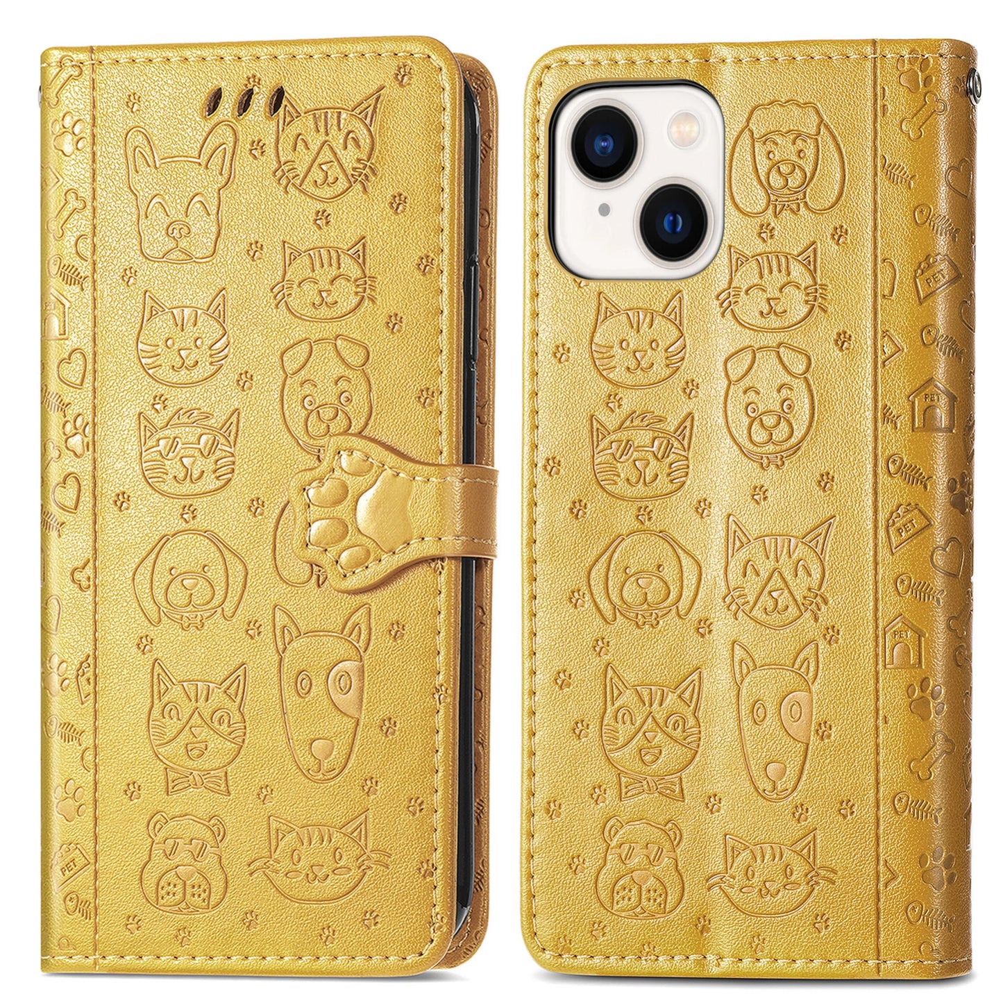 ELECTROPRIME For iPhone 15 Cat and Dog Embossed Leather Phone Case(Yellow)