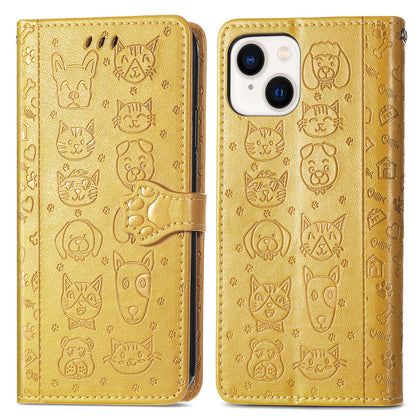 ELECTROPRIME For iPhone 15 Cat and Dog Embossed Leather Phone Case(Yellow)