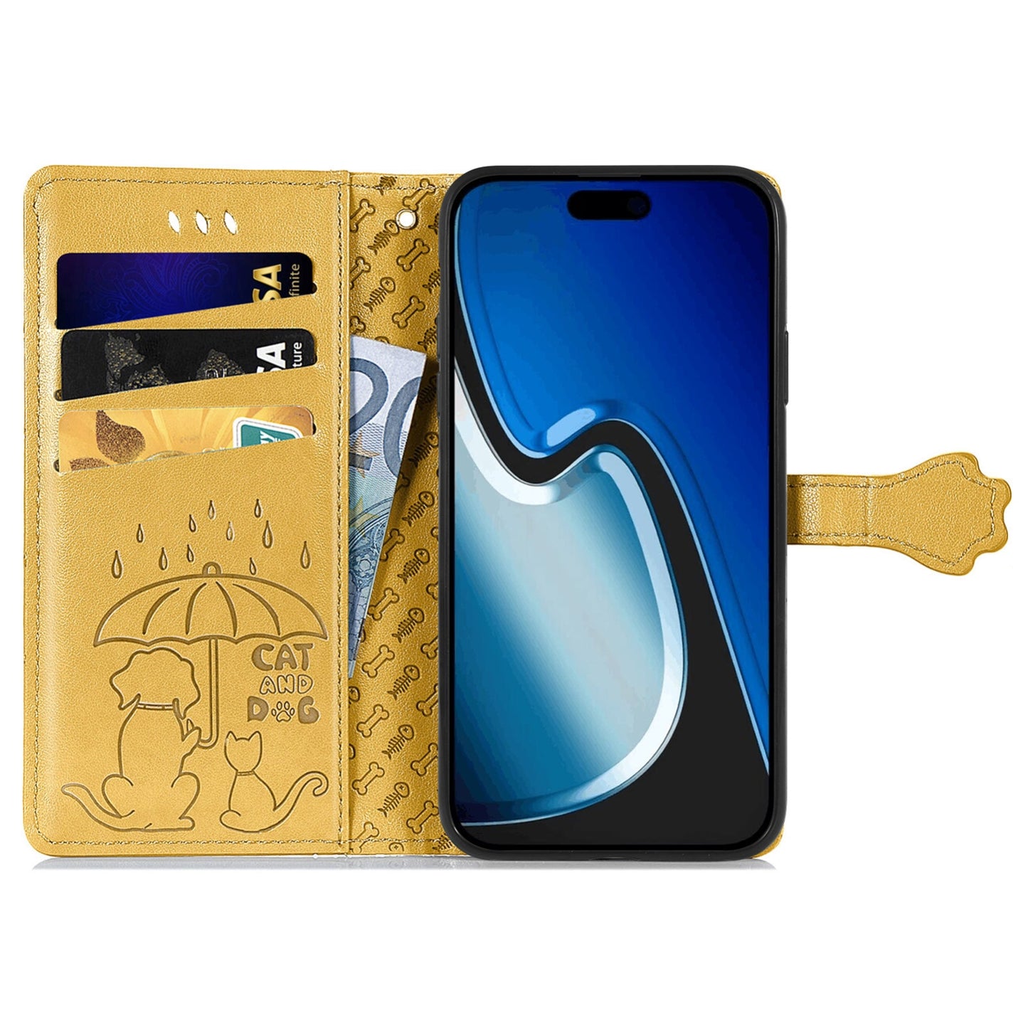 ELECTROPRIME For iPhone 15 Cat and Dog Embossed Leather Phone Case(Yellow)
