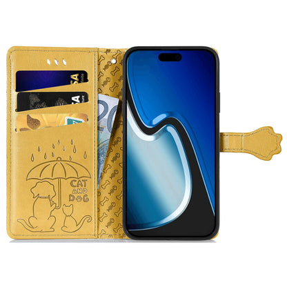 ELECTROPRIME For iPhone 15 Cat and Dog Embossed Leather Phone Case(Yellow)