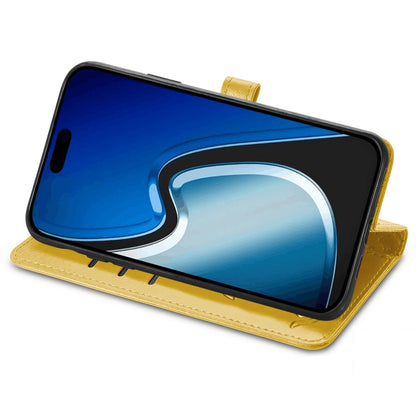ELECTROPRIME For iPhone 15 Cat and Dog Embossed Leather Phone Case(Yellow)