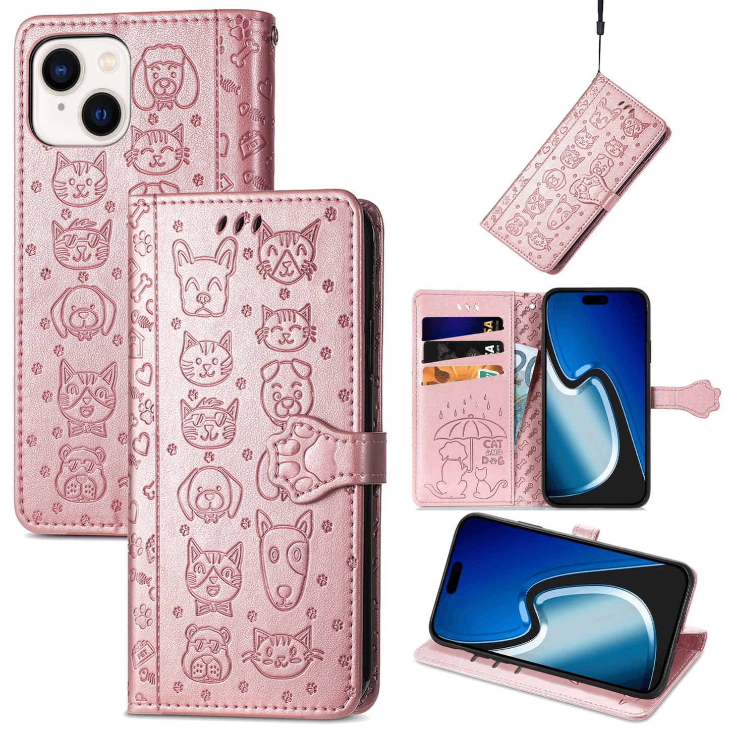 ELECTROPRIME For iPhone 15 Cat and Dog Embossed Leather Phone Case(Rose Gold)