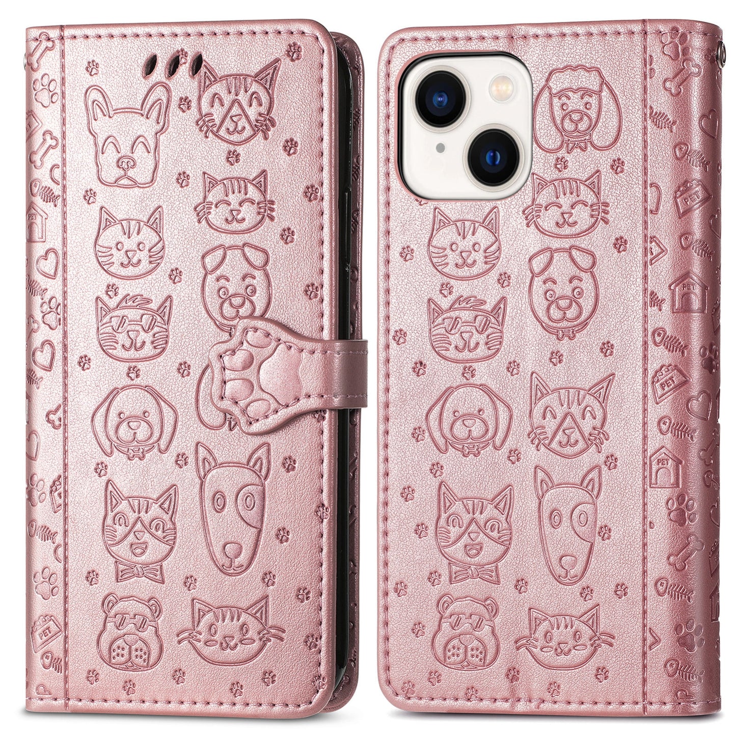 ELECTROPRIME For iPhone 15 Cat and Dog Embossed Leather Phone Case(Rose Gold)