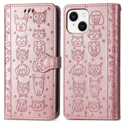ELECTROPRIME For iPhone 15 Cat and Dog Embossed Leather Phone Case(Rose Gold)