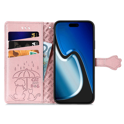 ELECTROPRIME For iPhone 15 Cat and Dog Embossed Leather Phone Case(Rose Gold)
