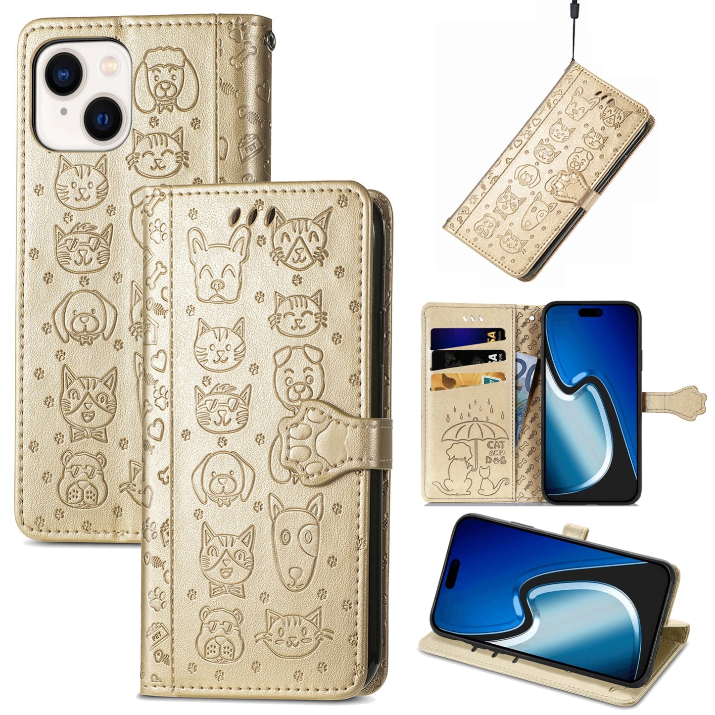 ELECTROPRIME For iPhone 15 Cat and Dog Embossed Leather Phone Case(Gold)