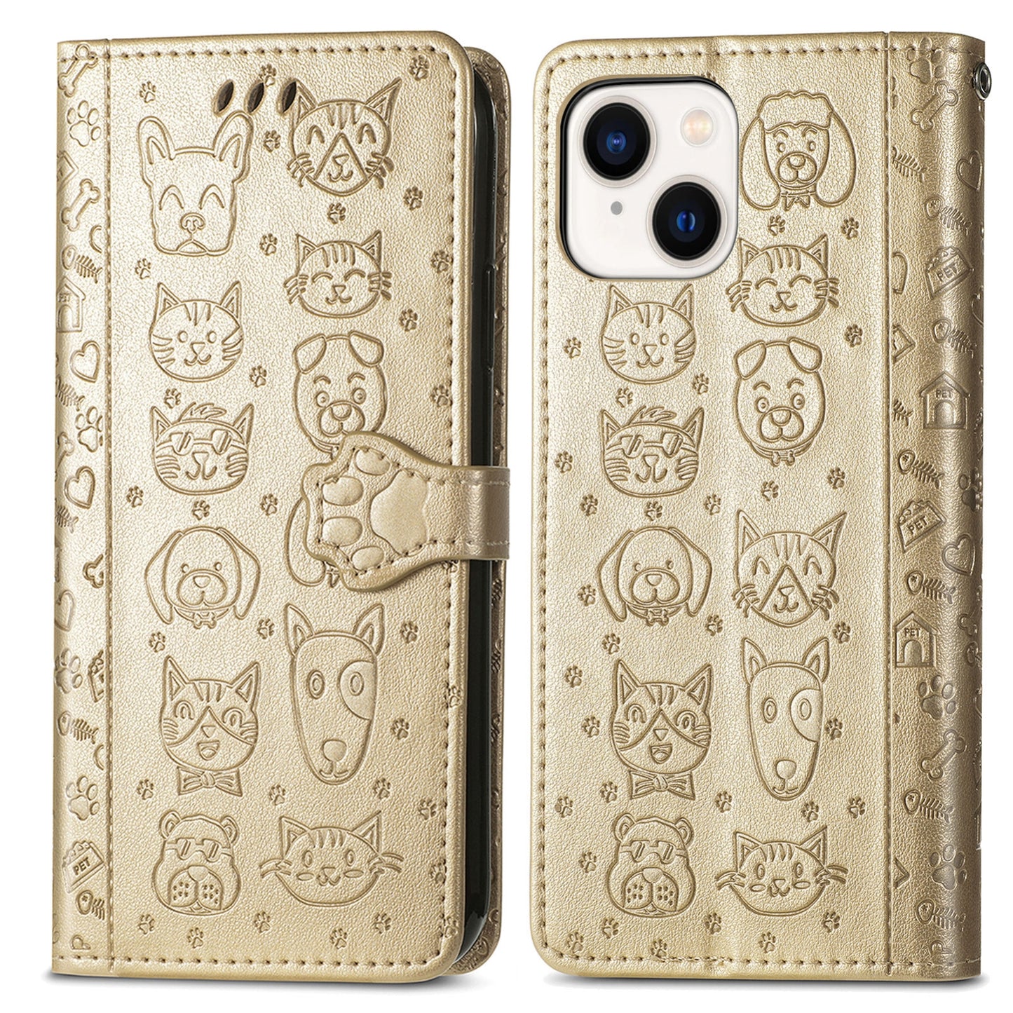 ELECTROPRIME For iPhone 15 Cat and Dog Embossed Leather Phone Case(Gold)