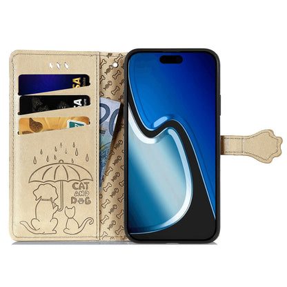 ELECTROPRIME For iPhone 15 Cat and Dog Embossed Leather Phone Case(Gold)