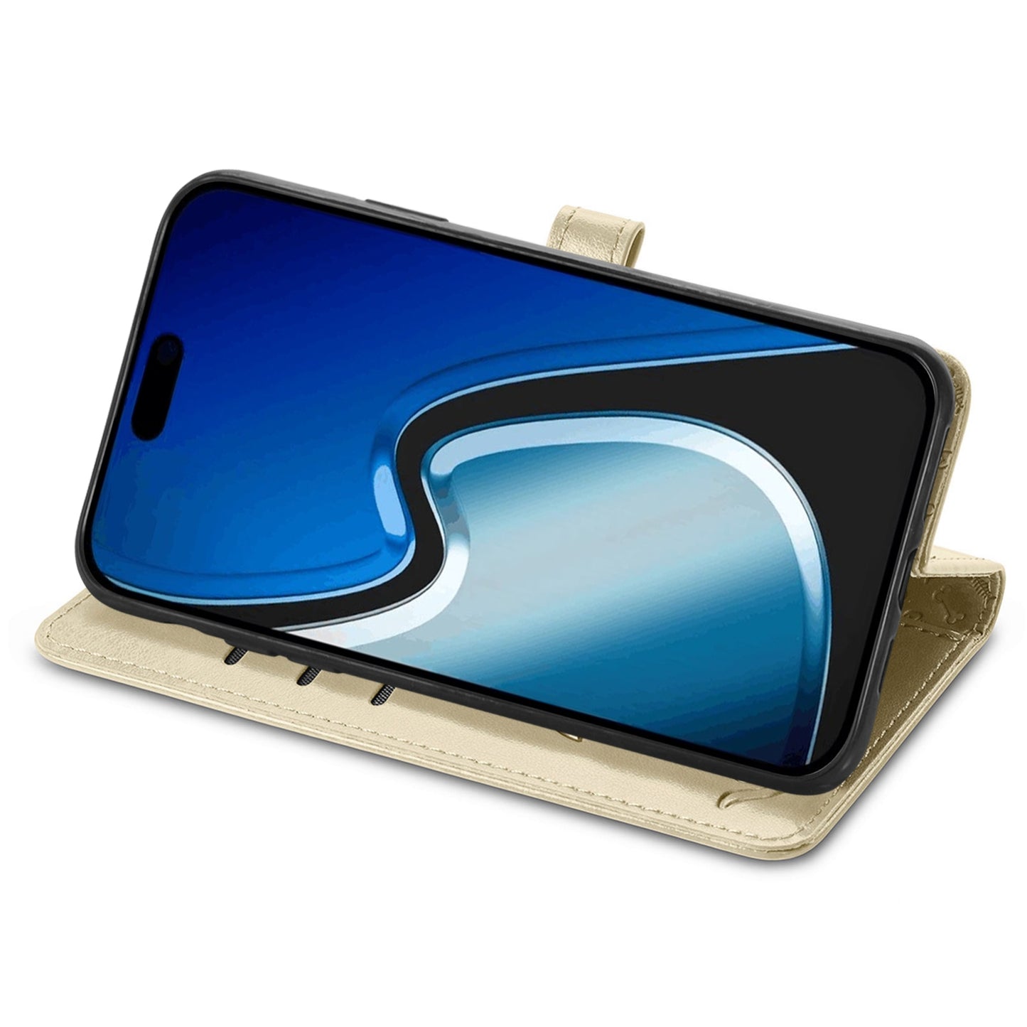 ELECTROPRIME For iPhone 15 Cat and Dog Embossed Leather Phone Case(Gold)