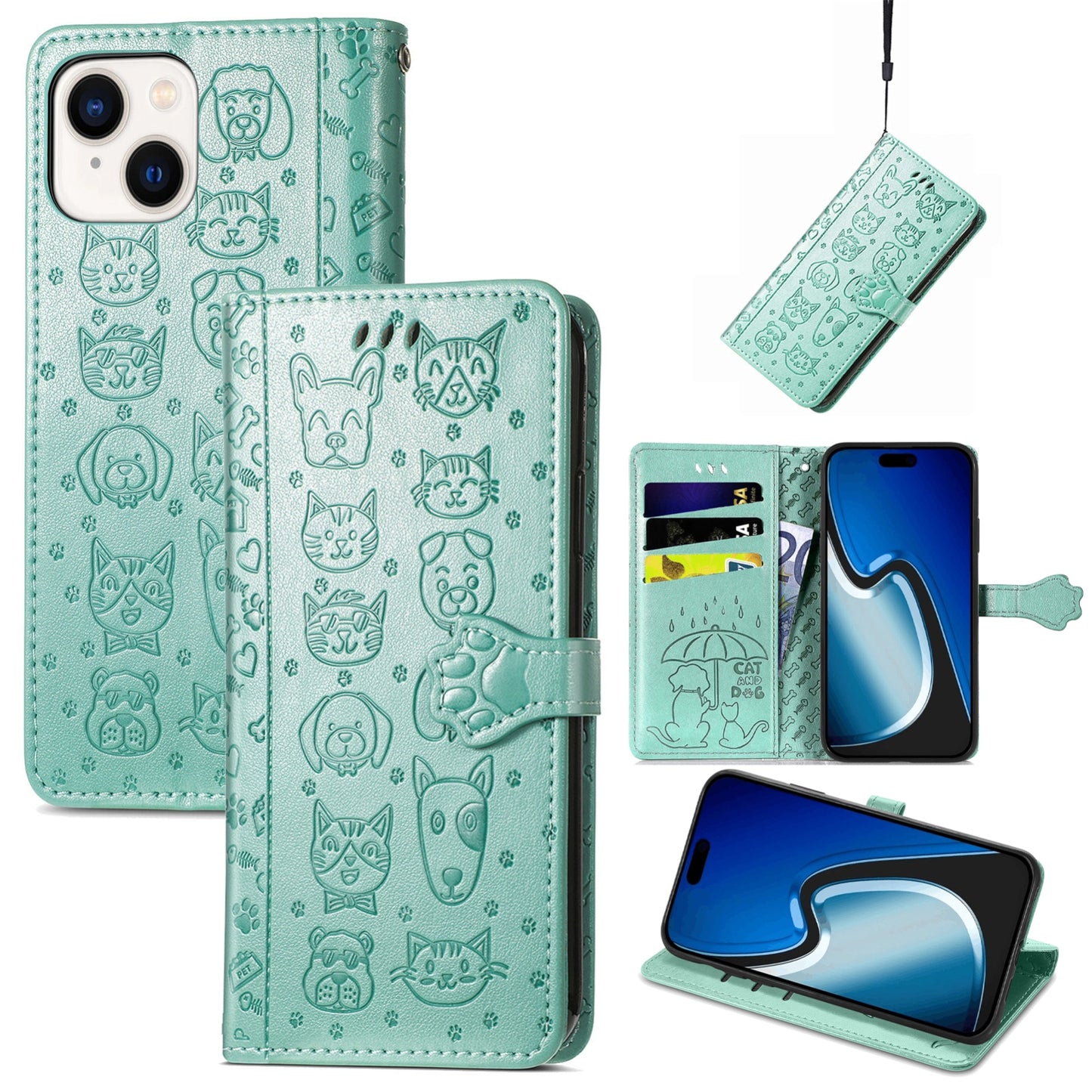 ELECTROPRIME For iPhone 15 Cat and Dog Embossed Leather Phone Case(Green)