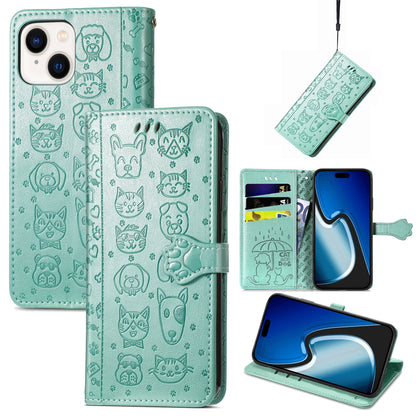 ELECTROPRIME For iPhone 15 Cat and Dog Embossed Leather Phone Case(Green)