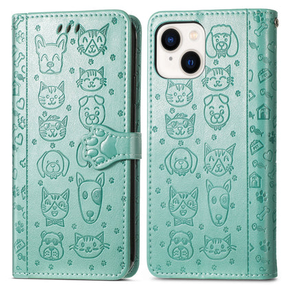 ELECTROPRIME For iPhone 15 Cat and Dog Embossed Leather Phone Case(Green)