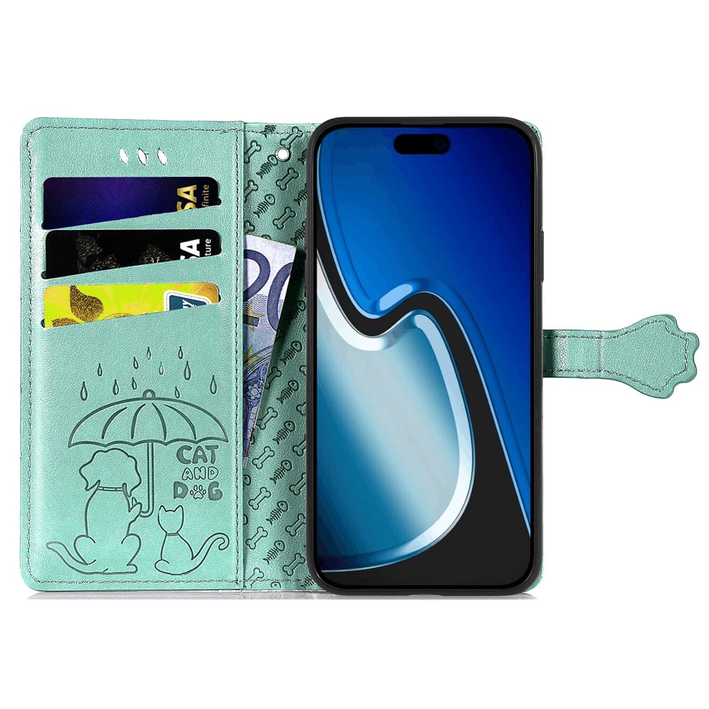 ELECTROPRIME For iPhone 15 Cat and Dog Embossed Leather Phone Case(Green)