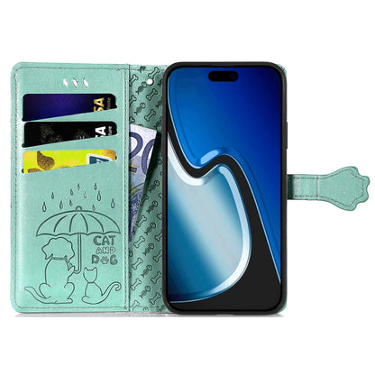 ELECTROPRIME For iPhone 15 Cat and Dog Embossed Leather Phone Case(Green)