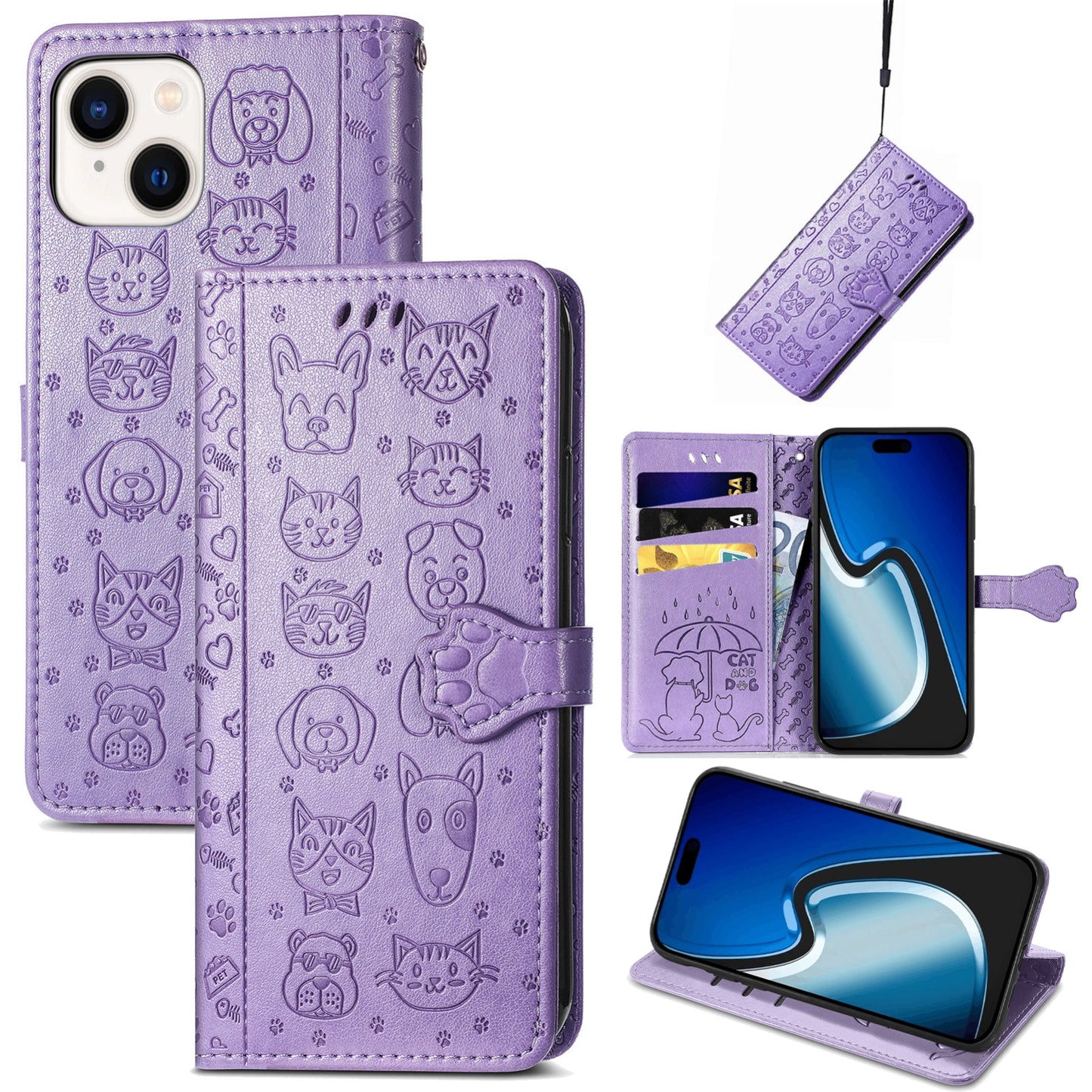 ELECTROPRIME For iPhone 15 Cat and Dog Embossed Leather Phone Case(Purple)
