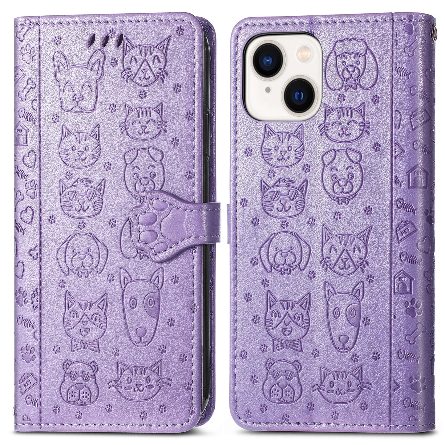 ELECTROPRIME For iPhone 15 Cat and Dog Embossed Leather Phone Case(Purple)