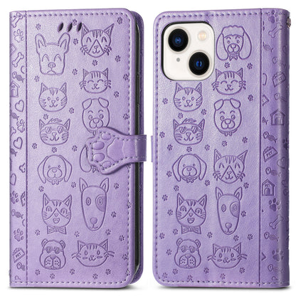 ELECTROPRIME For iPhone 15 Cat and Dog Embossed Leather Phone Case(Purple)
