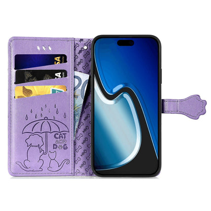 ELECTROPRIME For iPhone 15 Cat and Dog Embossed Leather Phone Case(Purple)