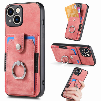 ELECTROPRIME For iPhone 15 Retro Skin-feel Ring Card Wallet Phone Case(Pink)