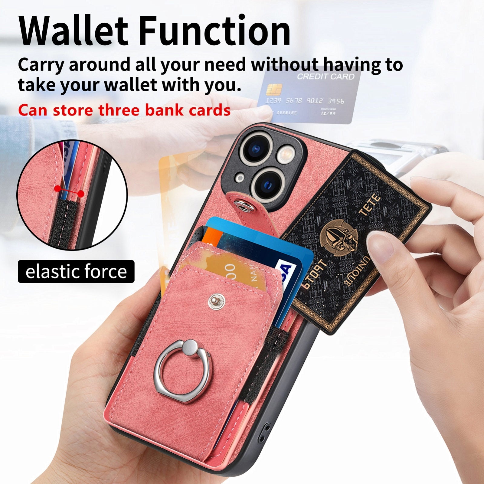 ELECTROPRIME For iPhone 15 Retro Skin-feel Ring Card Wallet Phone Case(Pink)