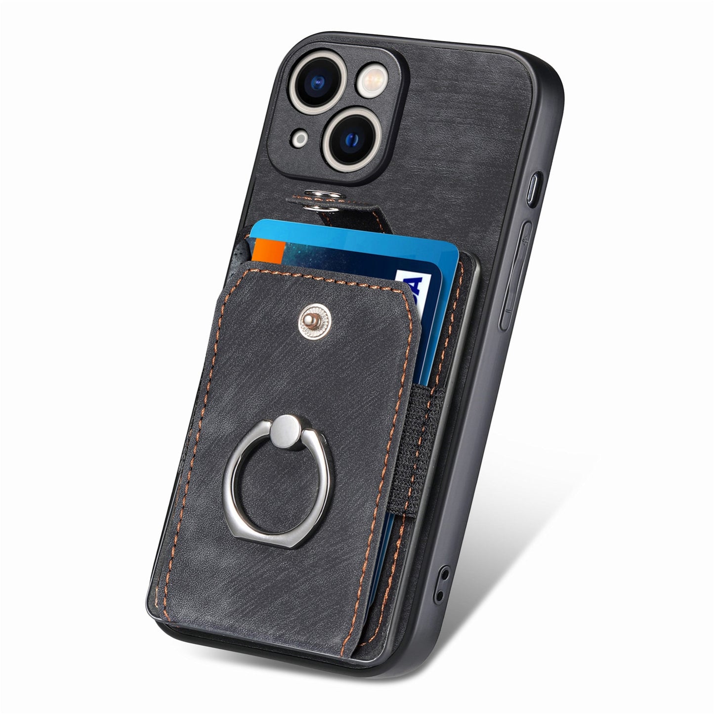 ELECTROPRIME For iPhone 15 Retro Skin-feel Ring Card Wallet Phone Case(Black)