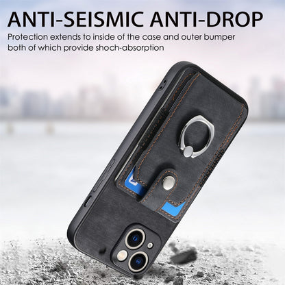 ELECTROPRIME For iPhone 15 Retro Skin-feel Ring Card Wallet Phone Case(Black)