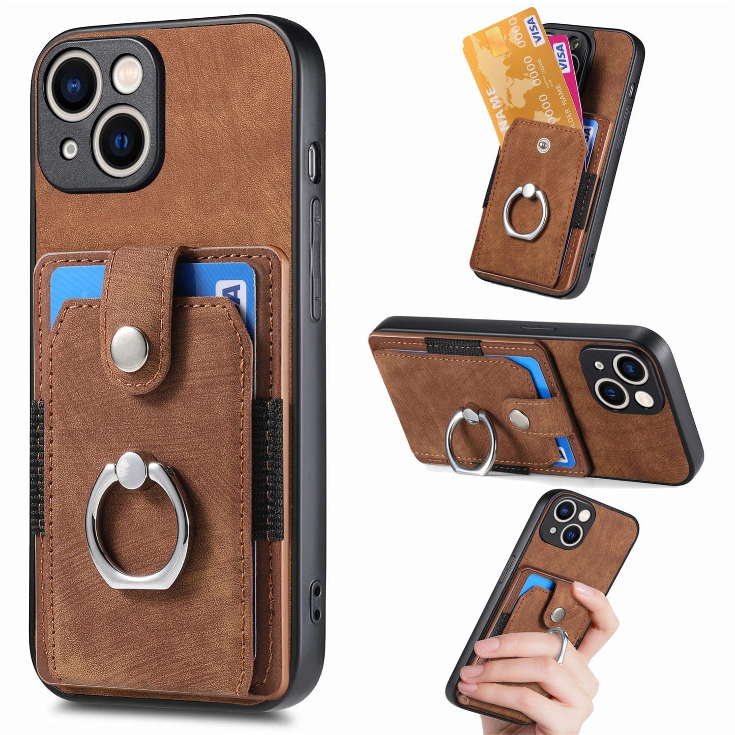 ELECTROPRIME For iPhone 15 Retro Skin-feel Ring Card Wallet Phone Case(Brown)