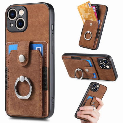 ELECTROPRIME For iPhone 15 Retro Skin-feel Ring Card Wallet Phone Case(Brown)