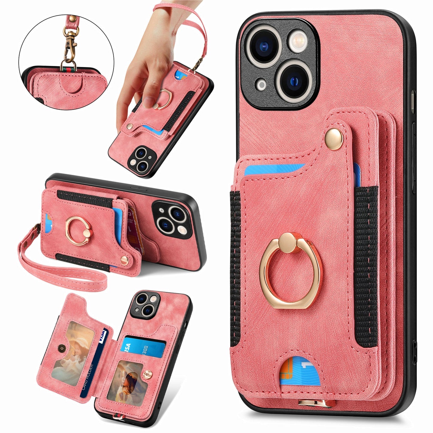 ELECTROPRIME For iPhone 15 Retro Skin-feel Ring Multi-card Wallet Phone Case(Pink)