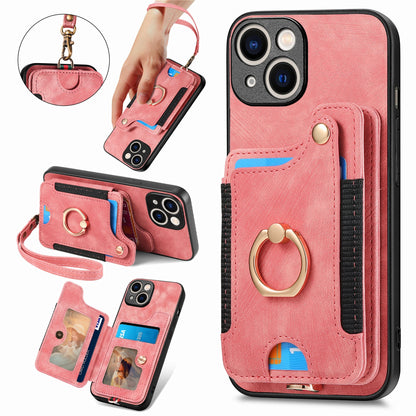 ELECTROPRIME For iPhone 15 Retro Skin-feel Ring Multi-card Wallet Phone Case(Pink)