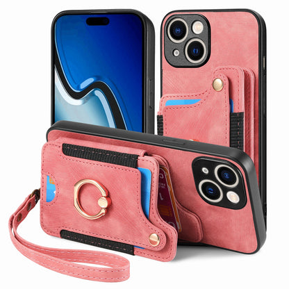 ELECTROPRIME For iPhone 15 Retro Skin-feel Ring Multi-card Wallet Phone Case(Pink)
