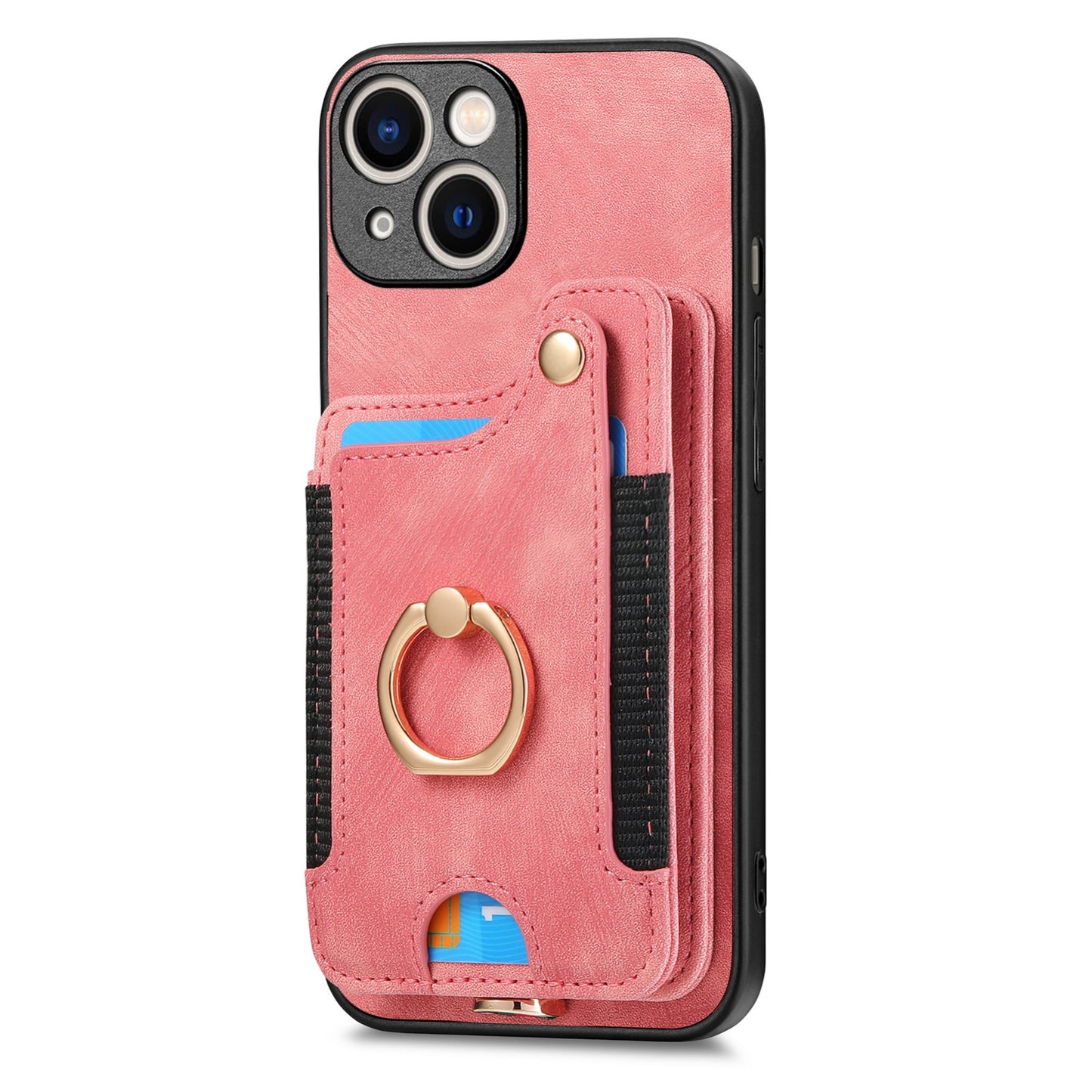 ELECTROPRIME For iPhone 15 Retro Skin-feel Ring Multi-card Wallet Phone Case(Pink)