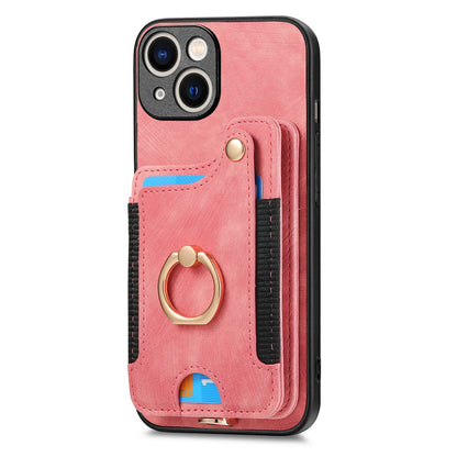 ELECTROPRIME For iPhone 15 Retro Skin-feel Ring Multi-card Wallet Phone Case(Pink)