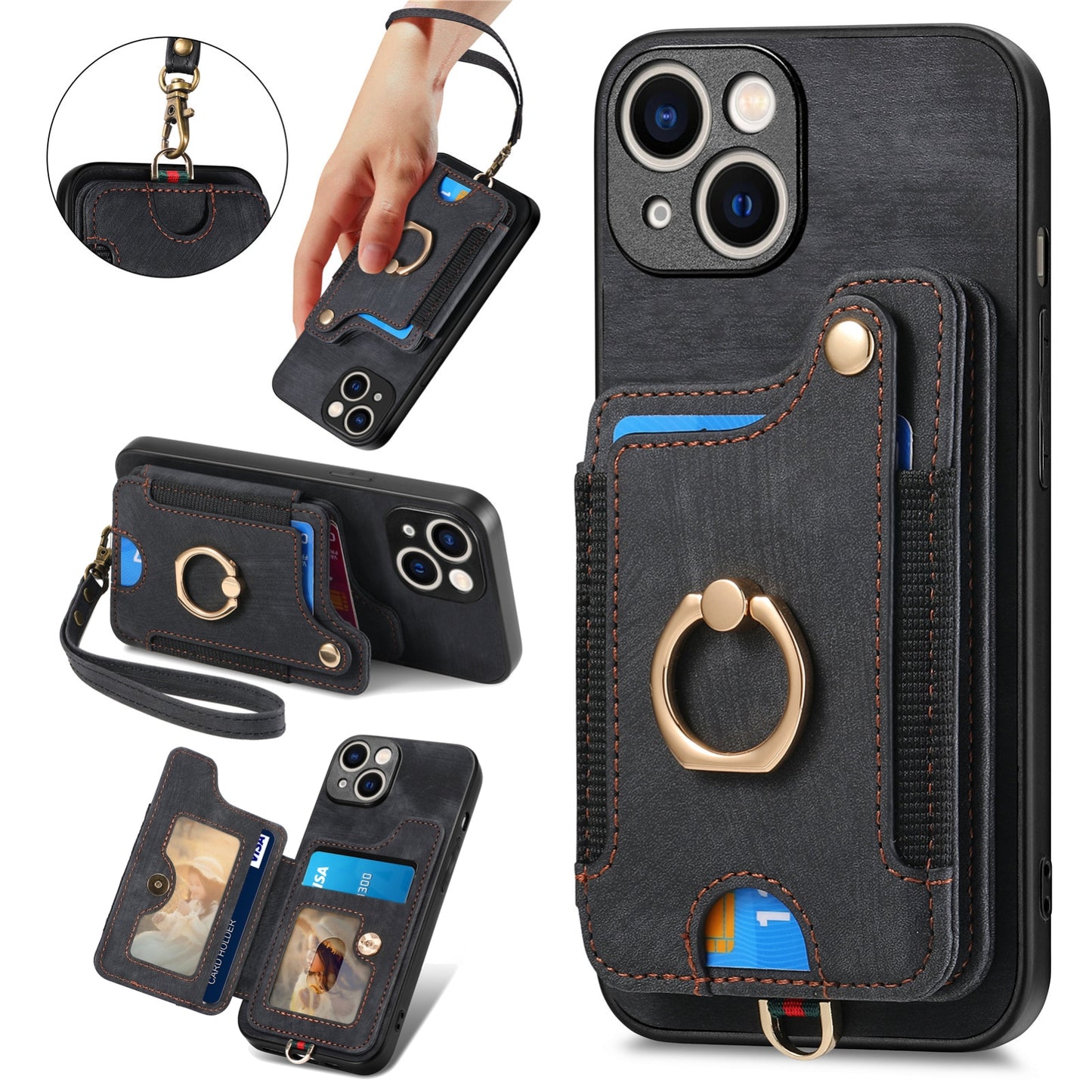 ELECTROPRIME For iPhone 15 Retro Skin-feel Ring Multi-card Wallet Phone Case(Black)