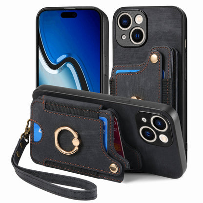 ELECTROPRIME For iPhone 15 Retro Skin-feel Ring Multi-card Wallet Phone Case(Black)