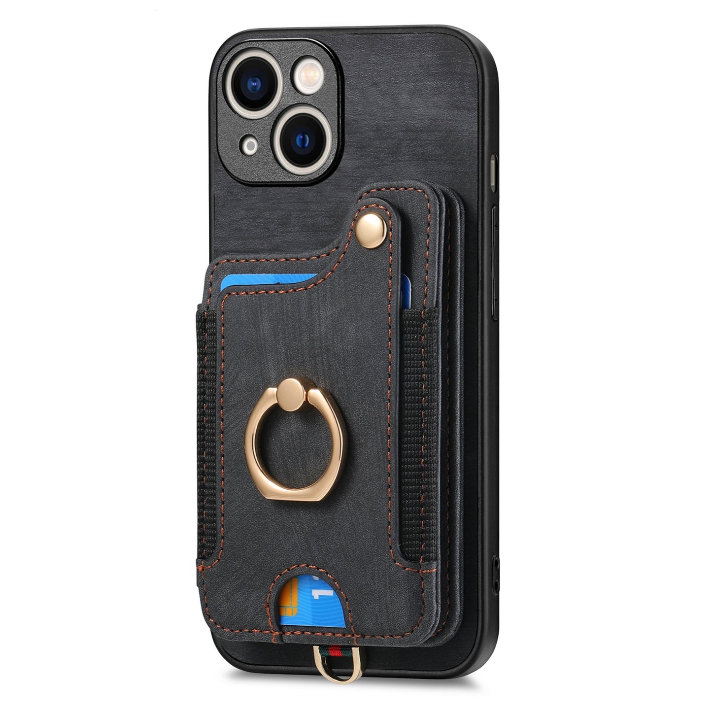 ELECTROPRIME For iPhone 15 Retro Skin-feel Ring Multi-card Wallet Phone Case(Black)