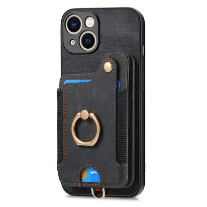 ELECTROPRIME For iPhone 15 Retro Skin-feel Ring Multi-card Wallet Phone Case(Black)
