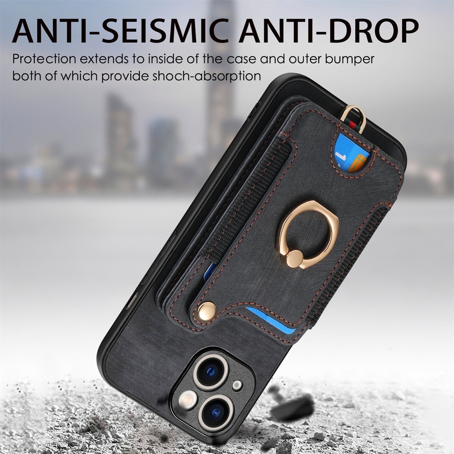 ELECTROPRIME For iPhone 15 Retro Skin-feel Ring Multi-card Wallet Phone Case(Black)